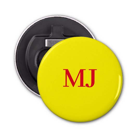 Trendy effen eenvoudig geel rood monogram initiale button flesopener (Voorkant)