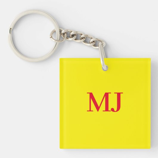 Trendy effen eenvoudig geel rood monogram initiale sleutelhanger (voorkant)