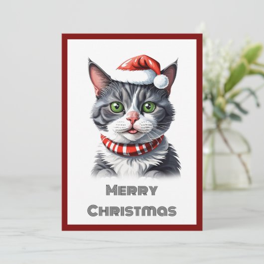 Trendy eigentijdse grillige kat Vrolijk kerstfeest Feestdagenkaart (Staand voorkant)