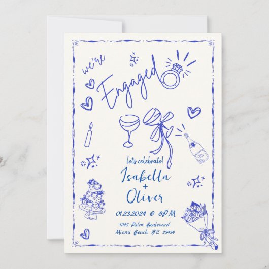 Trendy eigenzinnige blauwe hand getekende verlovin kaart (Voorkant)