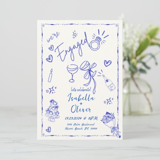 Trendy eigenzinnige blauwe hand getekende verlovin kaart (Staand voorkant)