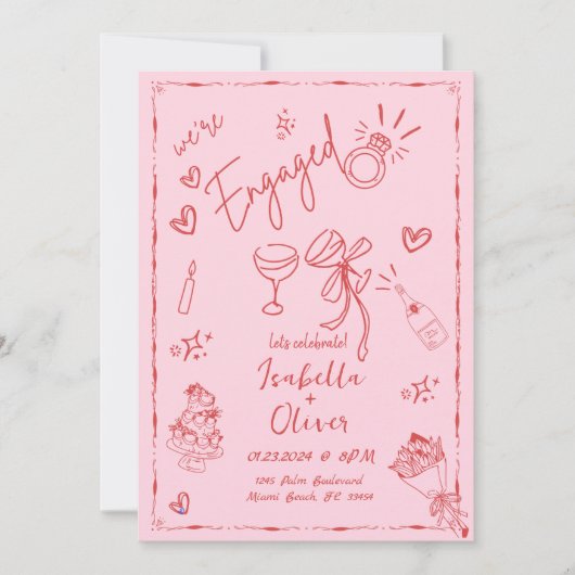 Trendy eigenzinnige roze hand getekende verlovings kaart (Voorkant)