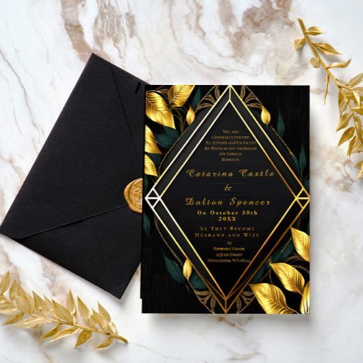 Trendy Elegant Black Velvet en Gold Foliage Folie Uitnodiging