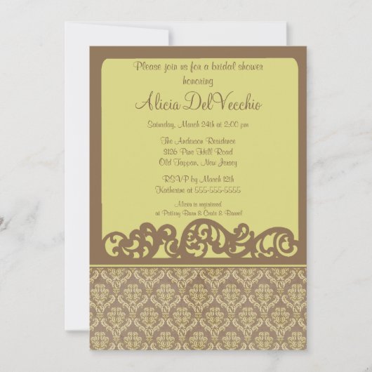 Trendy Elegant Damask Bridal Shower Invitation Kaart (Voorkant)