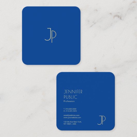 Trendy Elegant Deep Blue Modern Monogram Sjabloon Vierkante Visitekaartje (Voorkant / Achterkant)