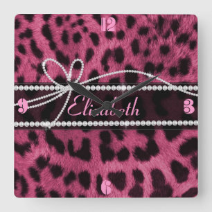 Trendy elegant girly faux heet roze luipaarddier vierkante klok