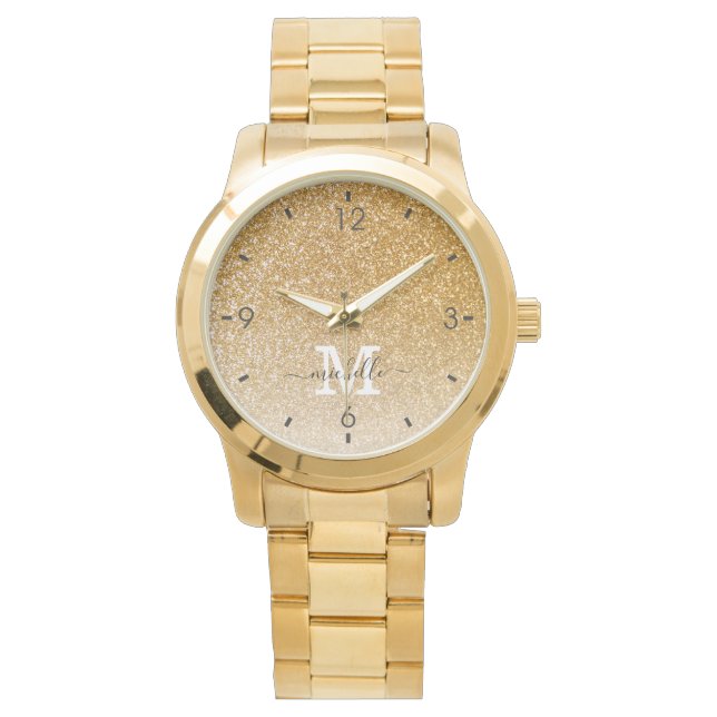 Trendy Elegant Gold Glitter Monogram Voornaam Horloge (Voorkant)
