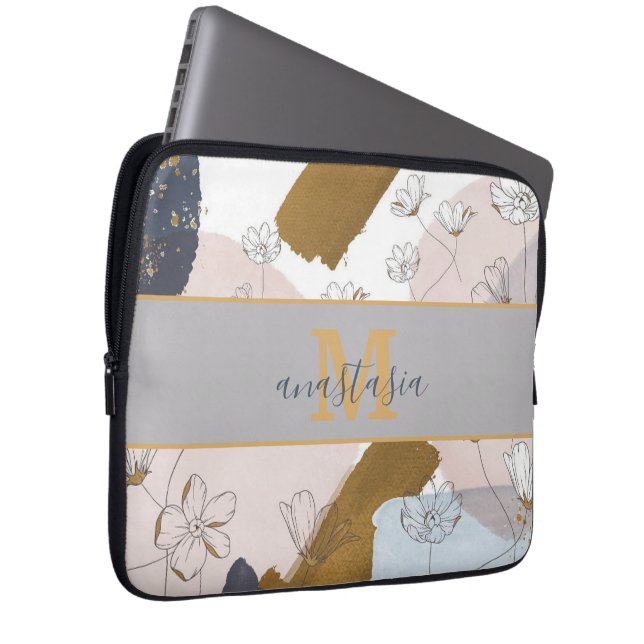 Trendy Elegant Gold Pink Lila Monogram Laptop Sleeve (Voorkant Rechts)