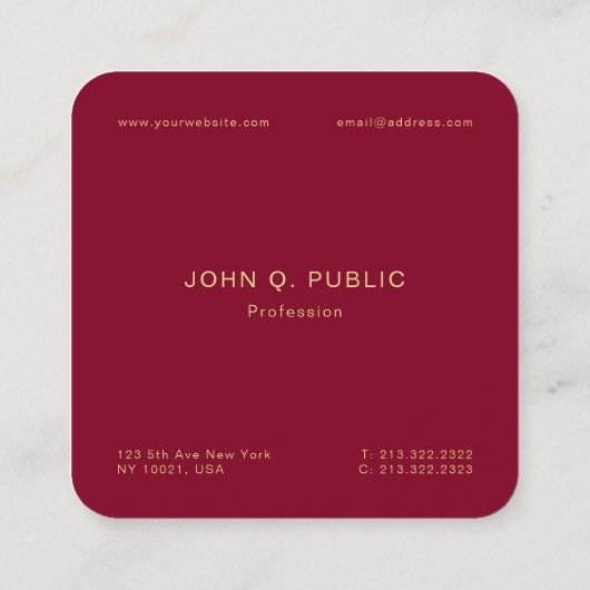 Trendy Elegant Gold Text Burgundy Red Luxury Silk Vierkante Visitekaartje (Achterkant)