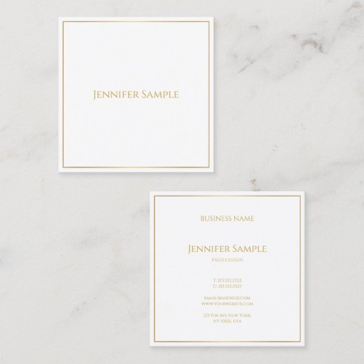 Trendy Elegant Gouden Tekst Wit Sjabloon Modern Vierkante Visitekaartje (Voorkant / Achterkant)