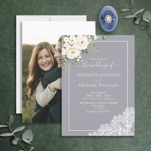 Trendy Elegant Grey Rustic Script Photo Wedding Kaart
