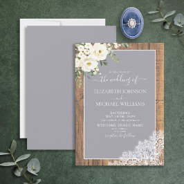 Trendy Elegant Grey Rustic Wood Script Wedding Inv Kaart