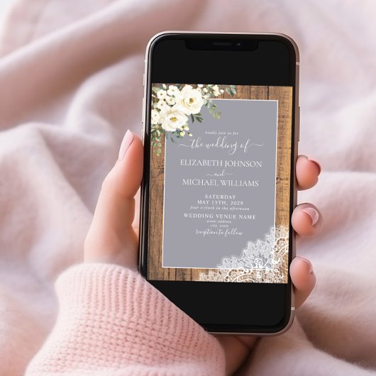 Trendy Elegant Grey Rustic Wood Script Wedding Inv Kaart