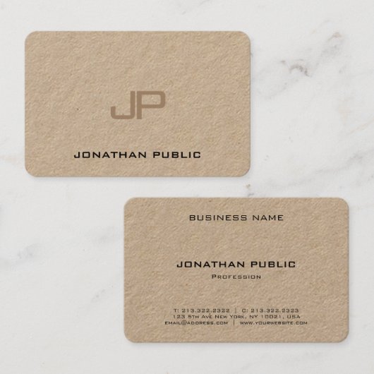 Trendy Elegant Monogram Premium Real Kraft Paper Visitekaartje (Voorkant / Achterkant)
