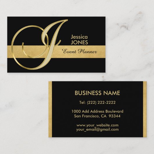 Trendy Elegant Monogrammed Gold Black Initiaal 'J' Visitekaartje (Voorkant / Achterkant)