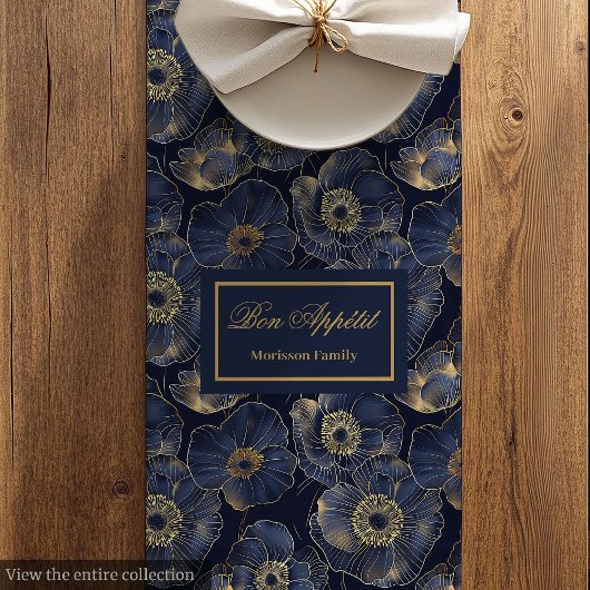 Trendy Elegant Navy and Gold Floral Table Setting Medium Tafelloper