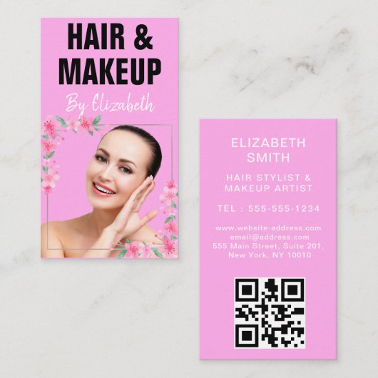Trendy Elegant Pink Haarstylist Foto qr code Visitekaartje (Voorkant / Achterkant)