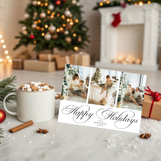 Trendy Elegant Script 3 Photo Collage Christmas Feestdagenkaart
