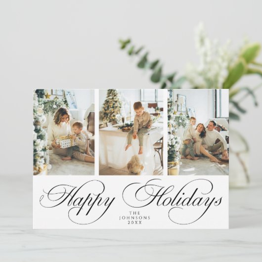 Trendy Elegant Script 3 Photo Collage Christmas Feestdagenkaart (Staand voorkant)