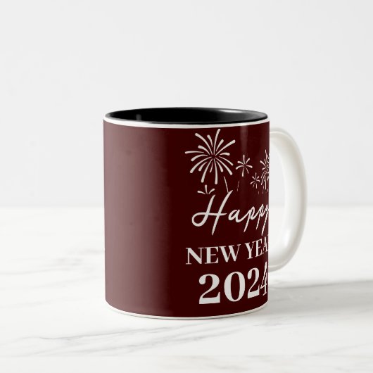 Trendy Elegant Script Gelukkig Nieuwjaar Tweekleurige Koffiemok (Voorkant rechts)