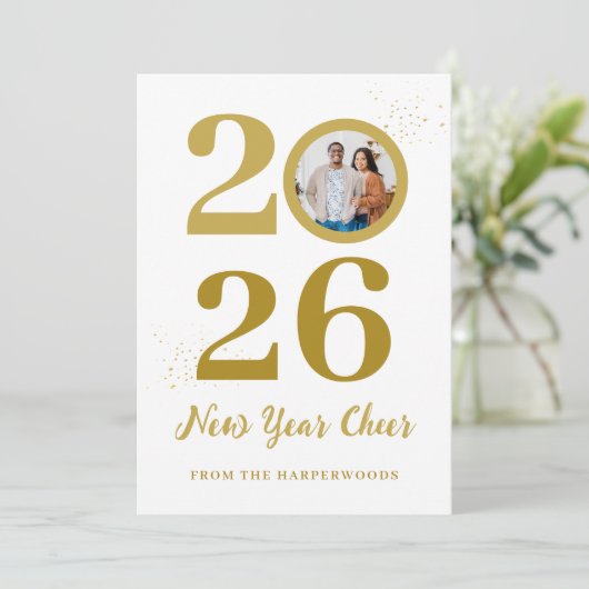 Trendy Elegant Script Happy New Year One Foto Feestdagenkaart (Staand voorkant)