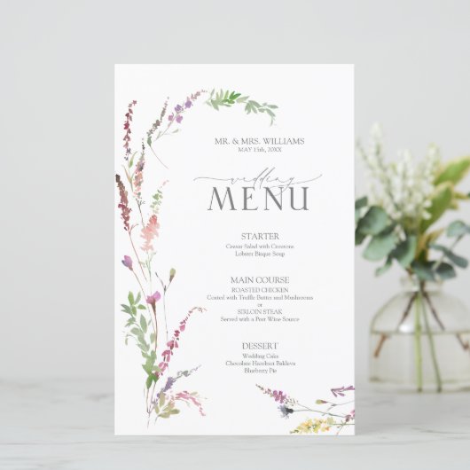 Trendy Elegant Wildflower Floral Wedding Menu (Staand voorkant)