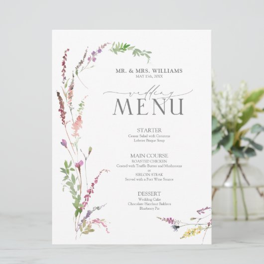 Trendy Elegant Wildflower Floral Wedding Menu (Staand voorkant)