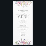 Trendy Elegant Wildflower Floral Wedding Menu<br><div class="desc">Creëer de perfecte receptie met dit trendy 4 x 9 inch Trendy Elegant Wildflower Floral Waterverf Wedding Menu! Met een casual, prachtige opstelling van lila lavendel, wazige roze, gele en blauwe wilde bloemen en botanische groen voor een verbluffend uiterlijk. Of u nu een plechtigheid in de buitentuin of een huwelijksreceptie...</div>