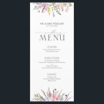 Trendy Elegant Wildflower Floral Wedding Menu<br><div class="desc">Creëer de perfecte receptie met dit trendy 4 x 9 inch Trendy Elegant Wildflower Floral Waterverf Wedding Menu! Met een casual, prachtige opstelling van lila lavendel, wazige roze, gele en blauwe wilde bloemen en botanische groen voor een verbluffend uiterlijk. Of u nu een plechtigheid in de buitentuin of een huwelijksreceptie...</div>