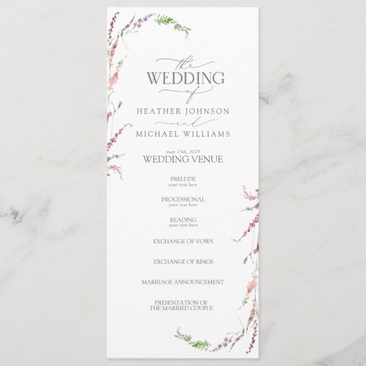 Trendy Elegant Wildflower Floral Wedding Programmakaart (Voorkant)
