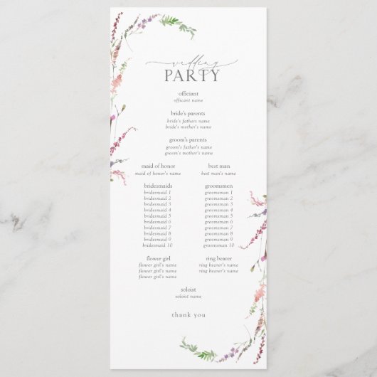 Trendy Elegant Wildflower Floral Wedding Programmakaart (Achterkant)