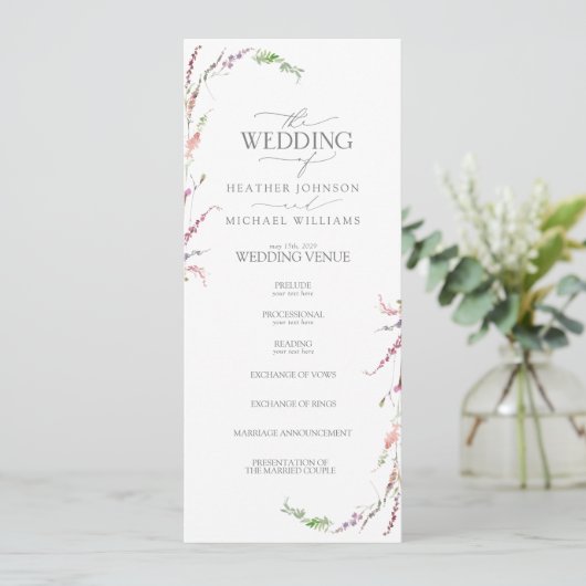 Trendy Elegant Wildflower Floral Wedding Programmakaart (Staand voorkant)