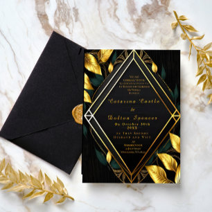 Trendy Elegant Zwart Fluwelen en Gouden Bladmotief Folie Uitnodiging