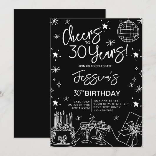 Trendy Elegant Zwart & Wit 30ste Verjaardag Kaart (Voorkant / Achterkant)