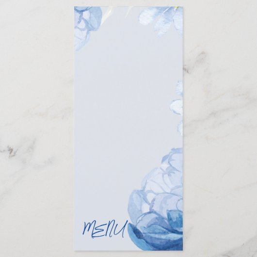 Trendy Elegante Blauwe Bloemen Trouwfeest Menu (Achterkant)