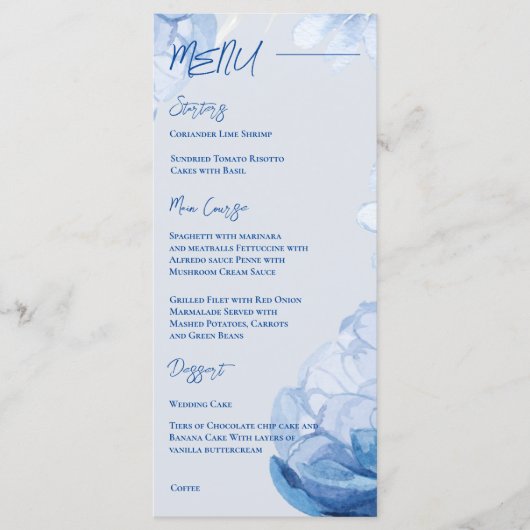 Trendy Elegante  Blauwe Bloemen Trouwfeest Menu (Voorkant)
