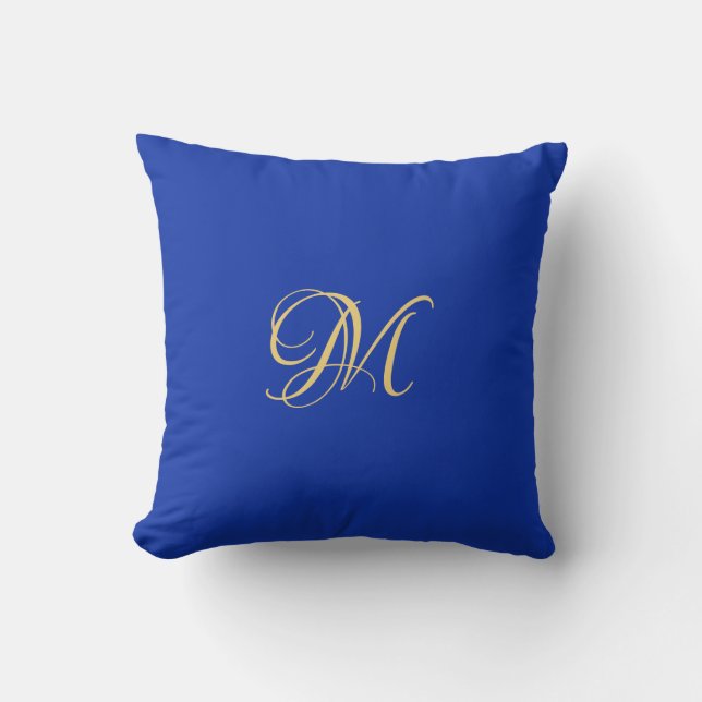 Trendy Elegante Effen Koninklijk Blauwe Naam Monog Kussen (Voorkant)