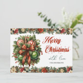 Trendy elegante groene hulst & kerstdecoratie feestdagenkaart (Staand voorkant)