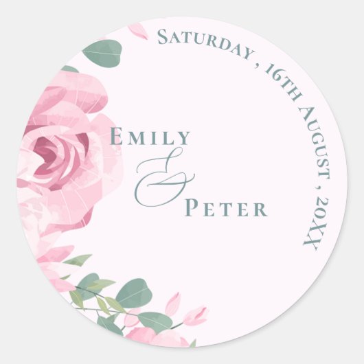 Trendy Elegante Mooie Roze Bloemige Bruiloft Ronde Sticker (Voorkant)