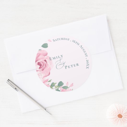 Trendy Elegante Mooie Roze Bloemige Bruiloft Ronde Sticker (Envelop)
