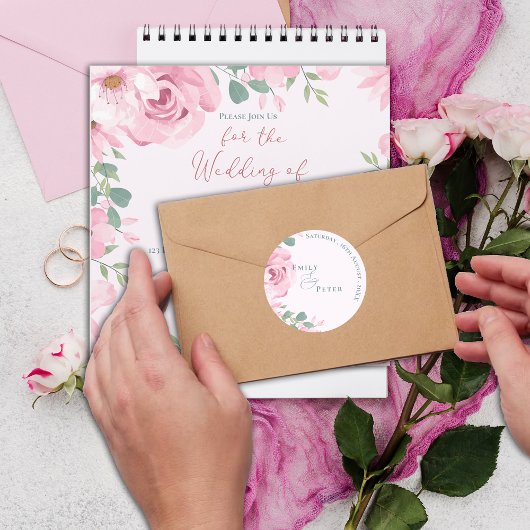 Trendy Elegante Mooie Roze Bloemige Bruiloft Ronde Sticker