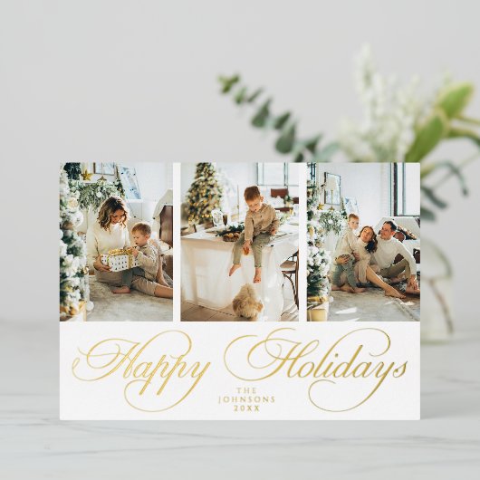 Trendy Elegante Script 3 Foto Collage Kerstmis Folie Uitnodiging (Staand Voorkant)