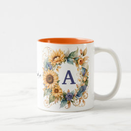 Trendy Elegante Waterverf Zonnebloemen Monogram Na Tweekleurige Koffiemok