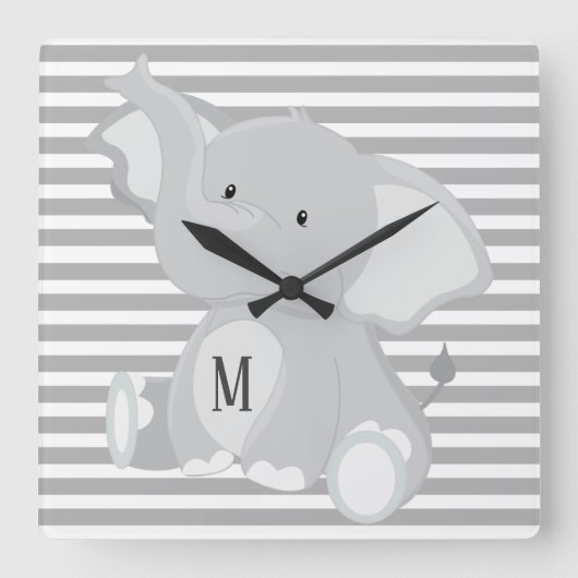 Trendy Elephant Monogram grijze en witte strepen Vierkante Klok (Voorkant)