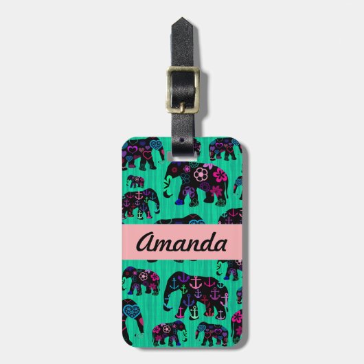 Trendy Elephants Flowers Anchors Hearts Monogram Bagagelabel (Voorkant verticaal)