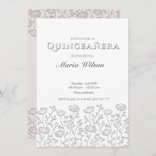 Trendy Embossed moderne bloemen Quinceañera Kaart (Voorkant / Achterkant)