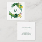 Trendy Emerald Green en Gold Peonies Vierkante Visitekaartje (Voorkant / Achterkant)