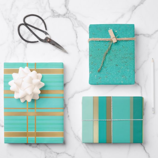 Trendy en chique blauw en goud geaccentueerd inpakpapier vel (Voorkant)