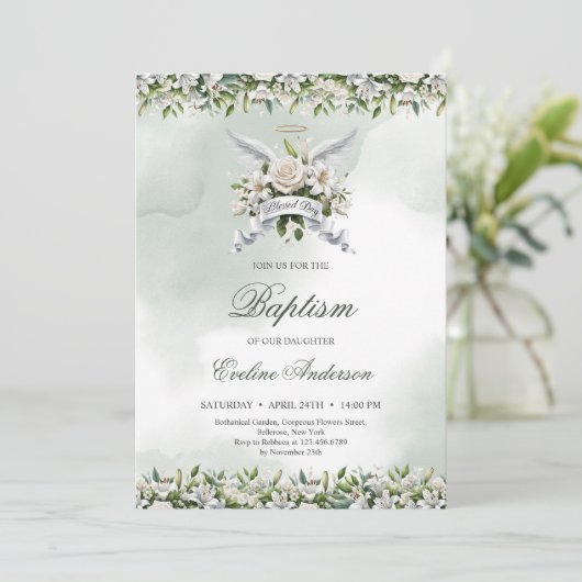 Trendy engelenvleugels lelies Gezegende dag Doop Kaart (Staand voorkant)