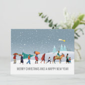 Trendy Ethnic Group die in Snowfall loopt Feestdagenkaart (Staand voorkant)